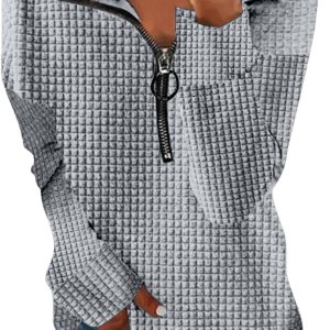 Sudadera casual de punto gofre para mujer, con solapa y cremallera de un cuarto, manga larga, abertura lateral, holgada, talla grande, para Sudadera casual de punto gofre para mujer, con solapa y cremallera de un cuarto, manga larga, abertura lateral, holgada, talla grande, para
