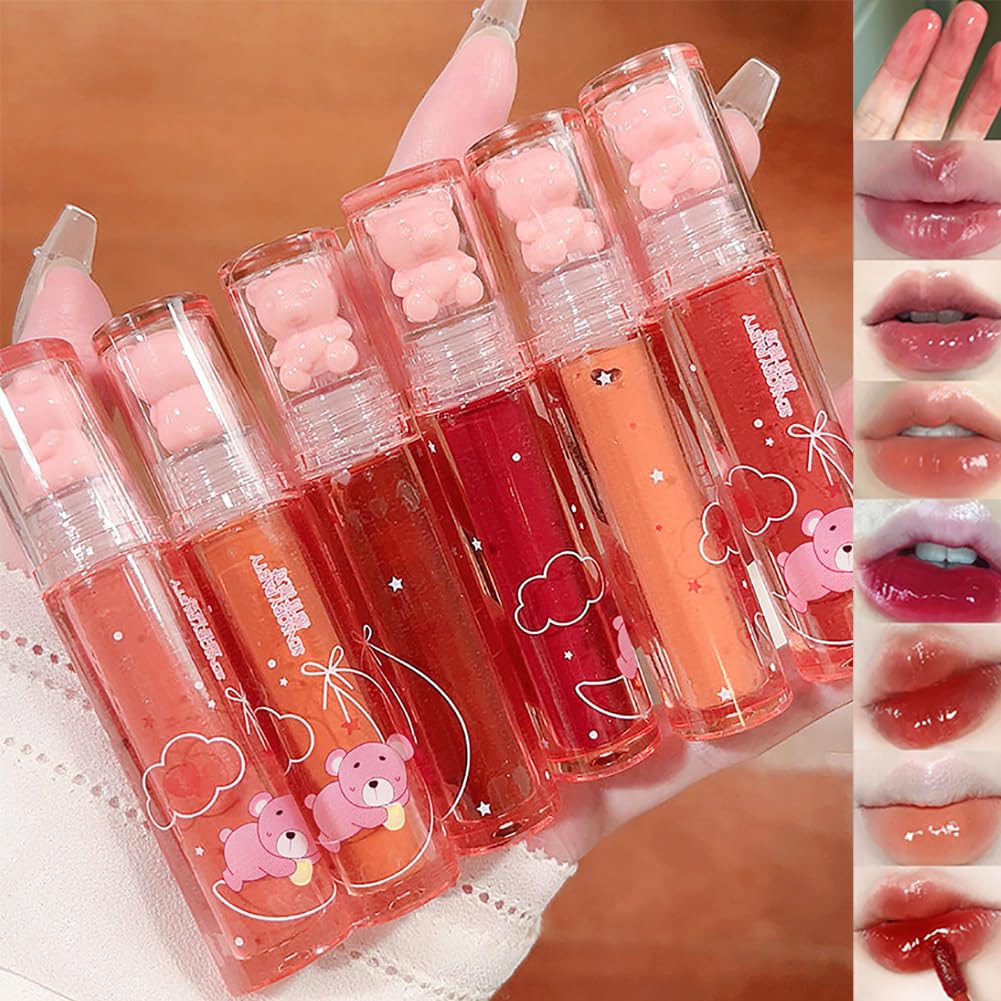 Juego de lápices labiales líquidos hidratantes de oso de 6 colores, lindo oso gelatina, juego de esmalte de labios dulce hidratante, maquillaje de