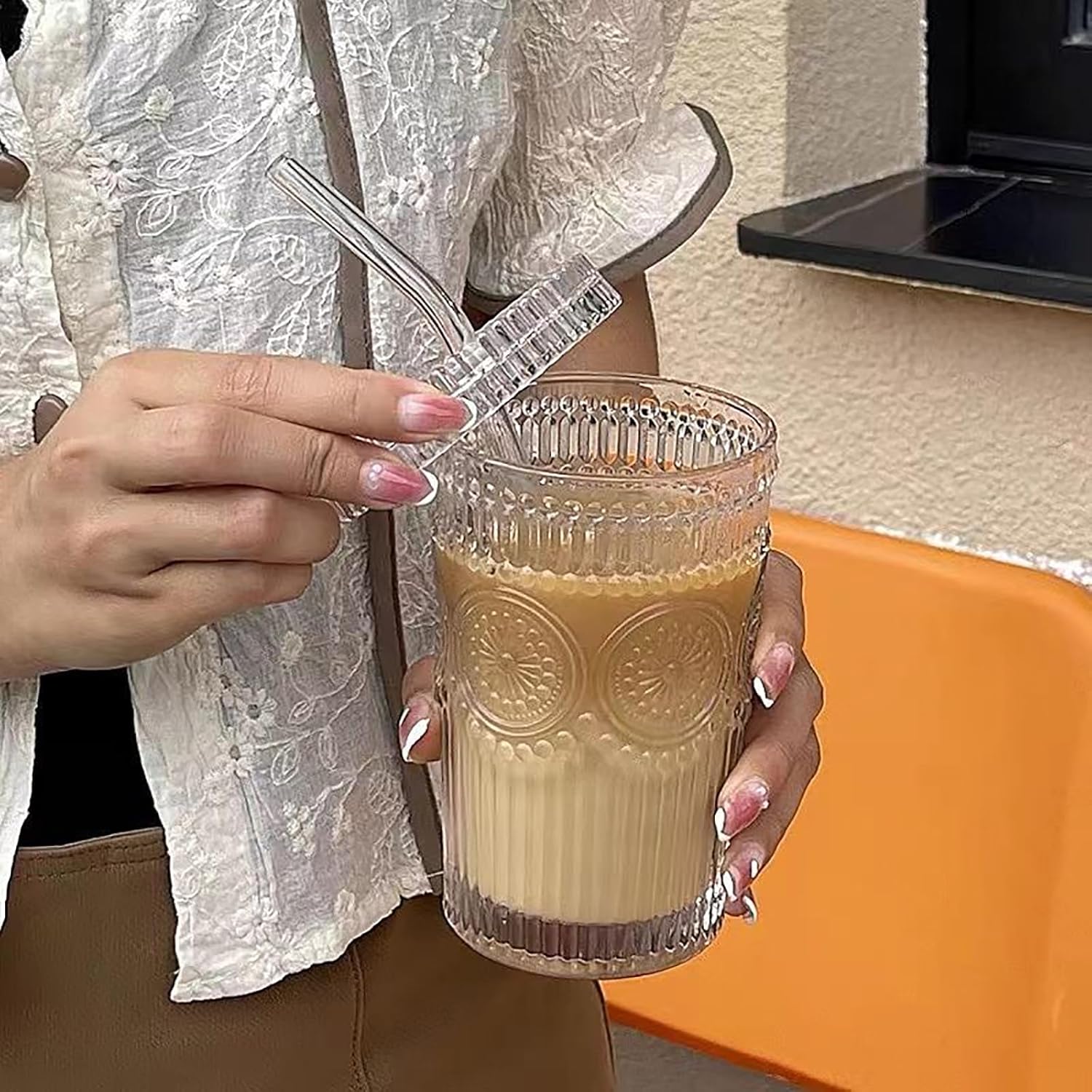 Vaso de vidrio vintage a rayas, taza de café con tapa y pajita, tapas que no aseguran para agua, café helado, leche, té, jugo (B-Vintage)