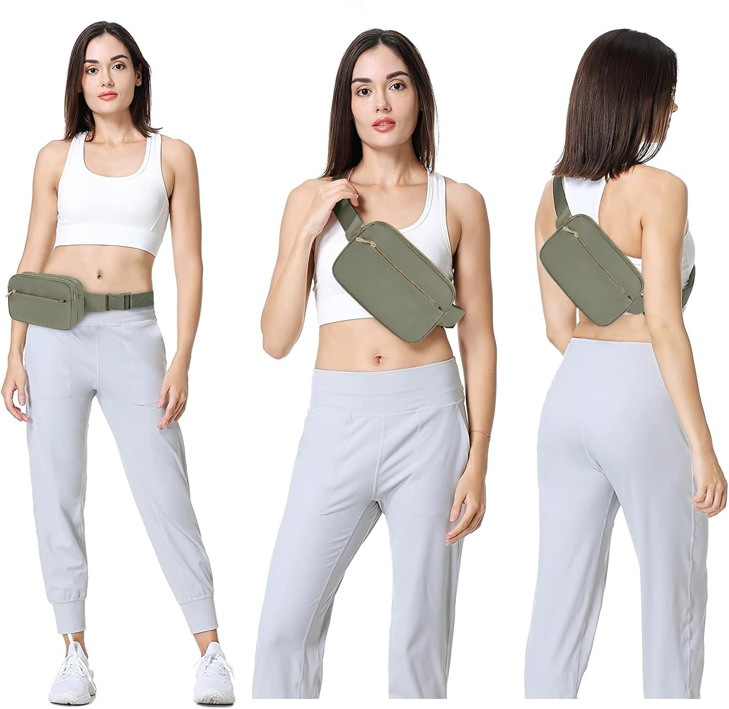 Riñonera cruzada para mujeres y hombres, bolsa de cinturón de regalo para mujeres con correa ajustable para deportes, Verde caqui con 3 cremalleras,