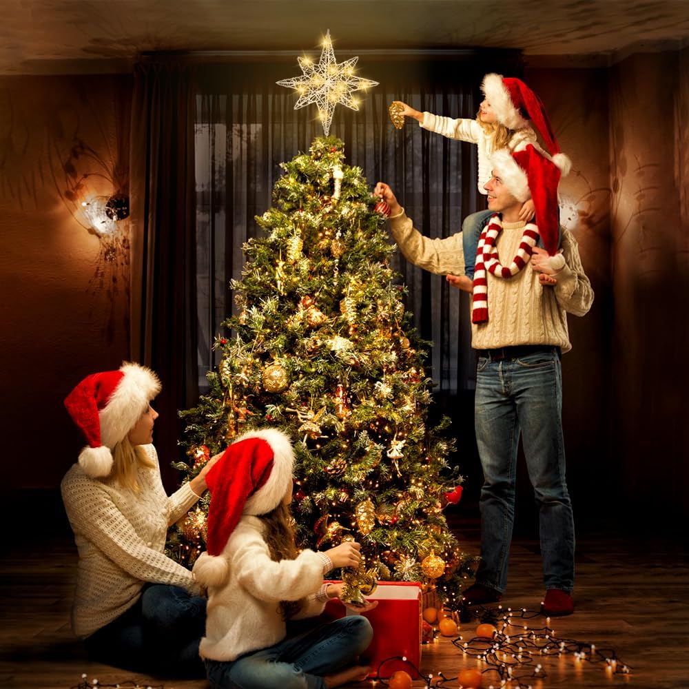 Decoración para árbol de Navidad de 13.5 pulgadas, estrella plateada con 20 luces LED para decoración de árbol de Navidad, adorno para Año Nuevo,