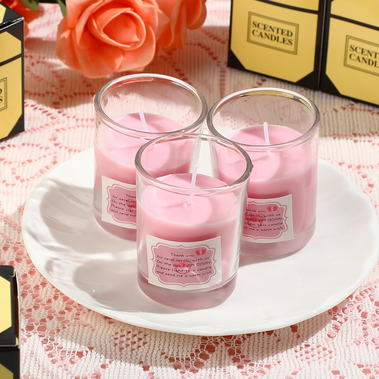 16 piezas de regalos de baby shower, regalos de agradecimiento, velas votivas de 1.7 onzas, velas votivas de vidrio transparente, regalos de