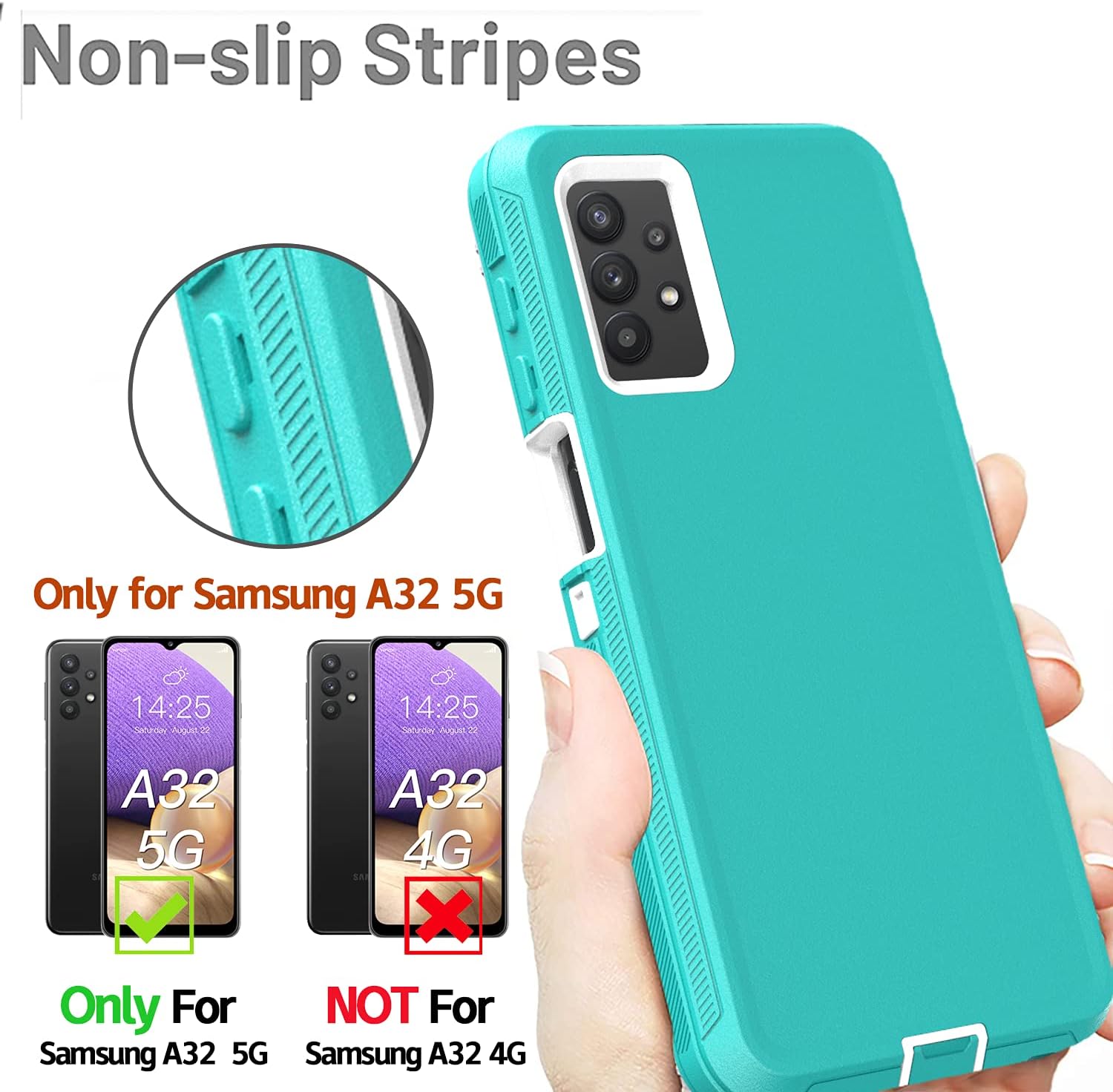 Funda para Galaxy A32 5G, resistente no compatible con 4G, con clip, a prueba de golpes a prueba de caídas a prueba de polvo (verde azulado-blanco)