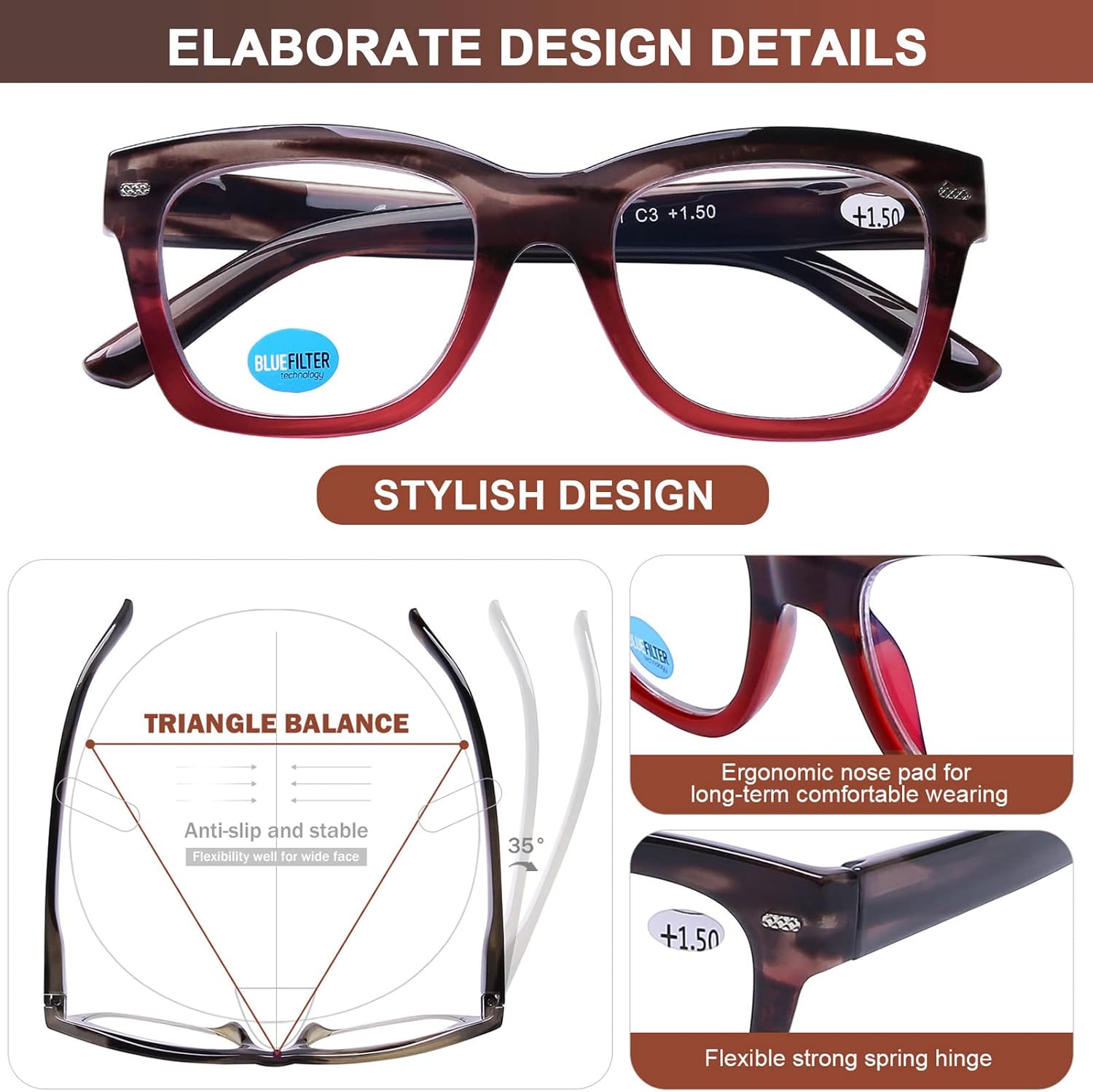 AQWANO Gafas de lectura de gran tamaño con bloqueo de luz azul, lector de diseño de moda para computadora para mujeres y hombres,