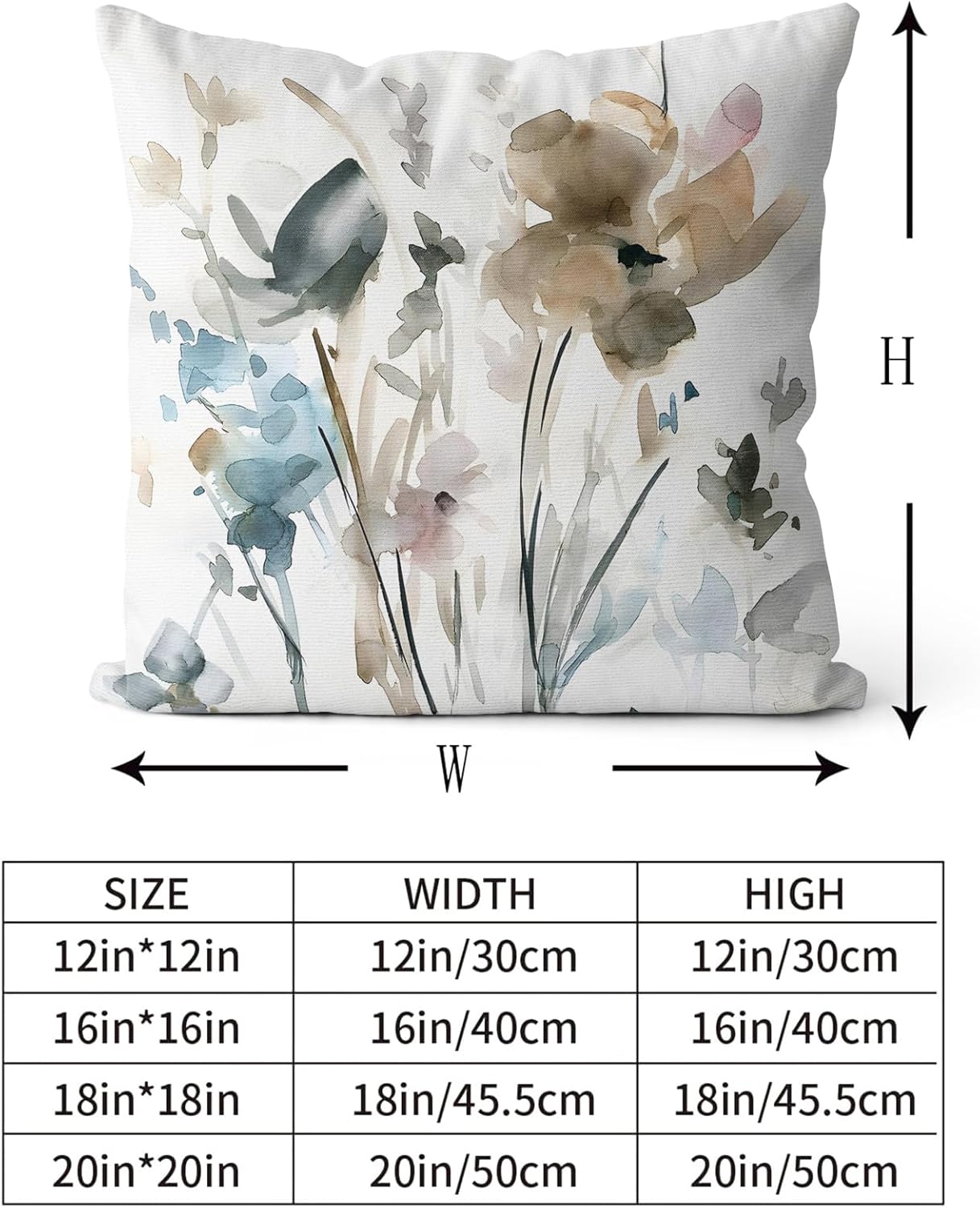 Juego de 2 fundas de almohada florales de color marrón, crema, gris, verde azulado, para sofá de flores en acuarela de 22 x 22 pulgadas, fundas de