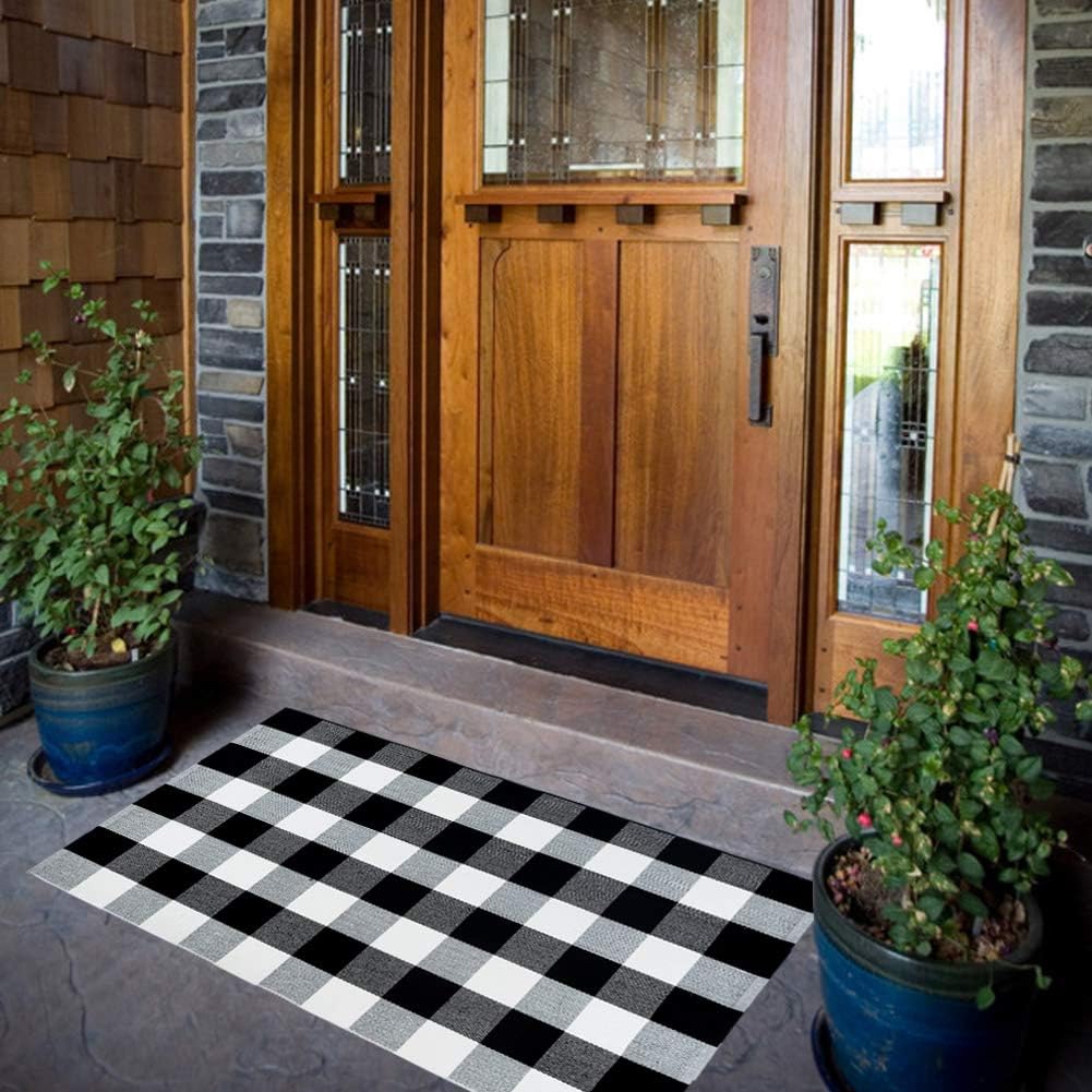 Carvapet Buffalo – Alfombra de área a cuadros negros y blancos de 27.5 x 43.3 pulgadas, tapete de bienvenida para interiores y exteriores, para