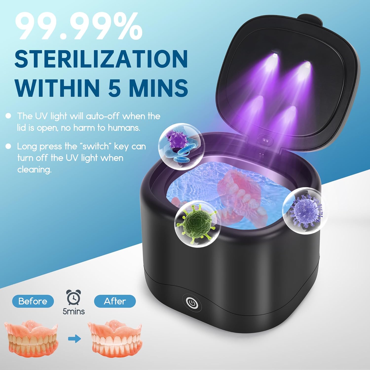 Limpiador ultrasónico con tabletas de limpieza, máquina limpiador de retenedores U-V para dentaduras, joyas, protector nocturno, cápsulas dentales,