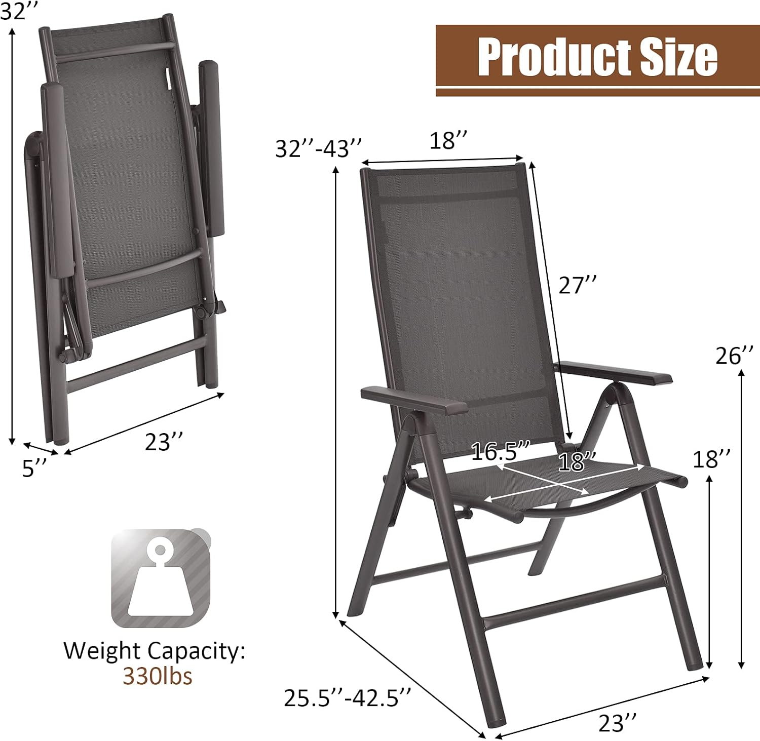 Giantex Juego de 2 sillas de patio, sillas plegables para césped, paquete de 2 sillas de exterior con respaldo ajustable de 7 niveles, marco de
