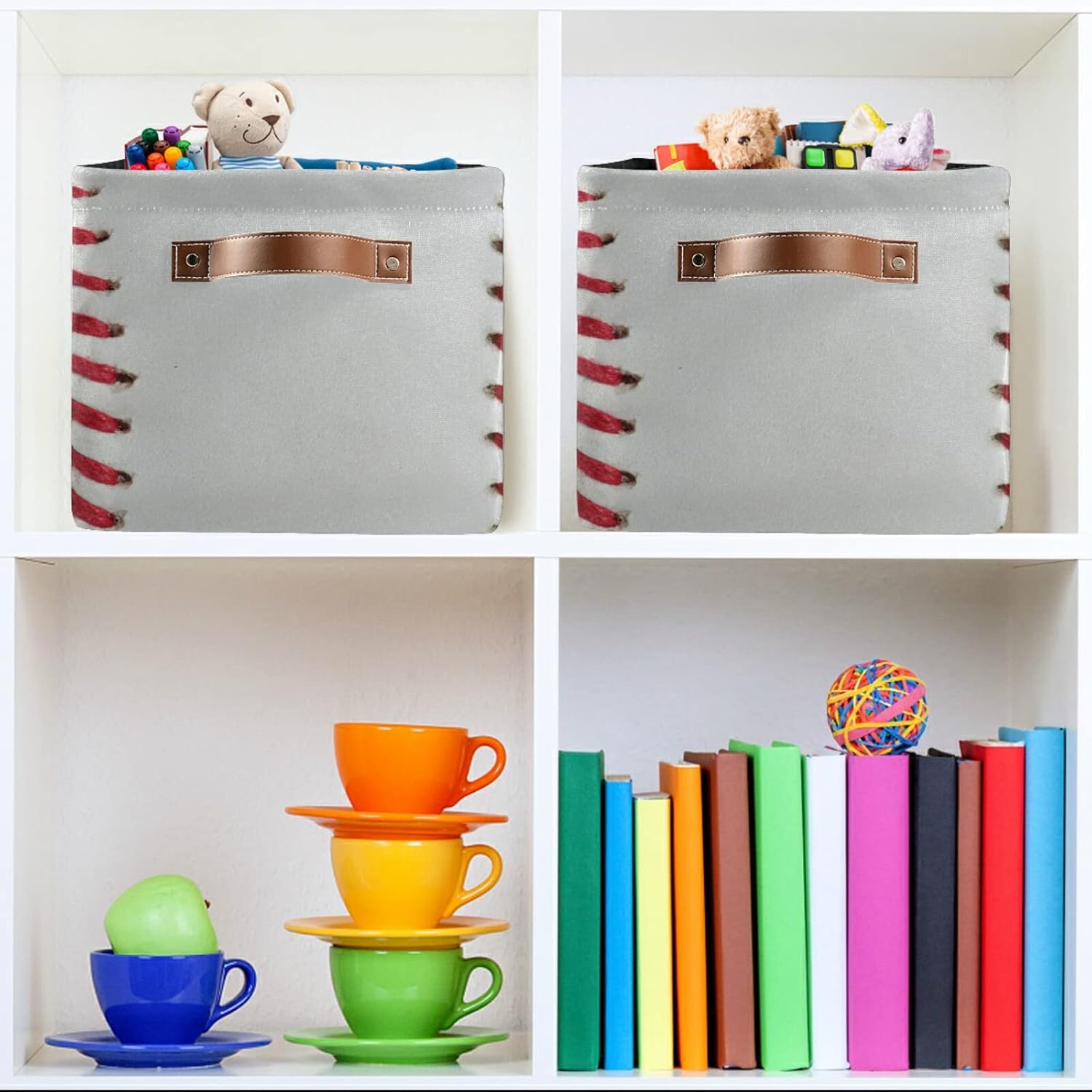 Cestas de almacenamiento plegables, cubos de almacenamiento de béisbol con asas, organizador de tela decorativa, cajas de almacenamiento para