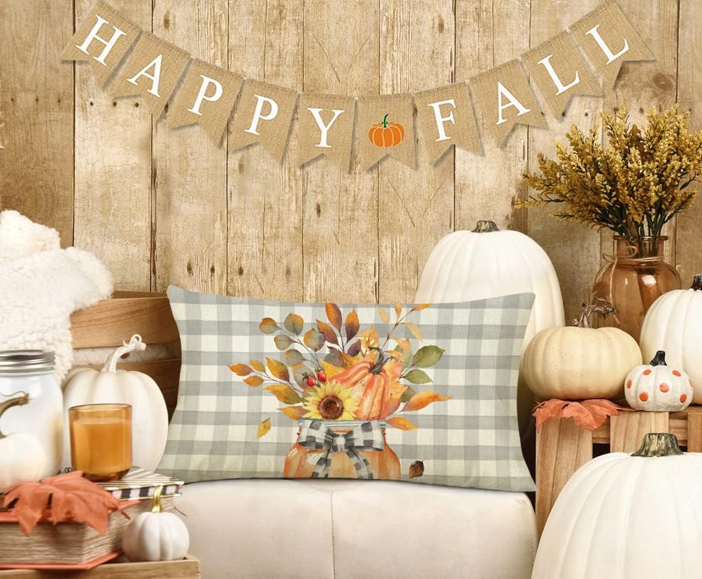 4TH Emotion Funda de almohada lumbar con tarro de hojas de otoño de 12 x 20 pulgadas, decoración de granja de búfalo, calabaza naranja, decoración