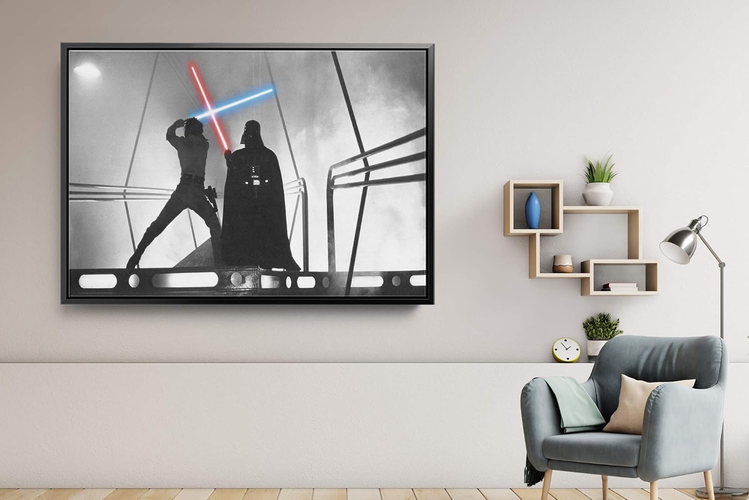 Star Wars Luke Skywalker – Lienzo decorativo para pared, diseño de escena de lucha de Darf Vader, varios tamaños (12 x 18 pulgadas, marco negro