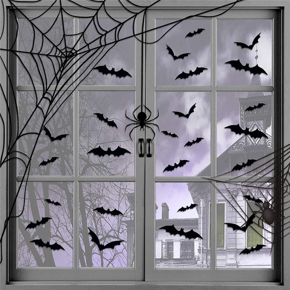 72 decoraciones de Halloween, 60 murciélagos de decoración de Halloween con 12 arañas, decoración de pared de murciélagos 3D, 4 tamaños diferentes,