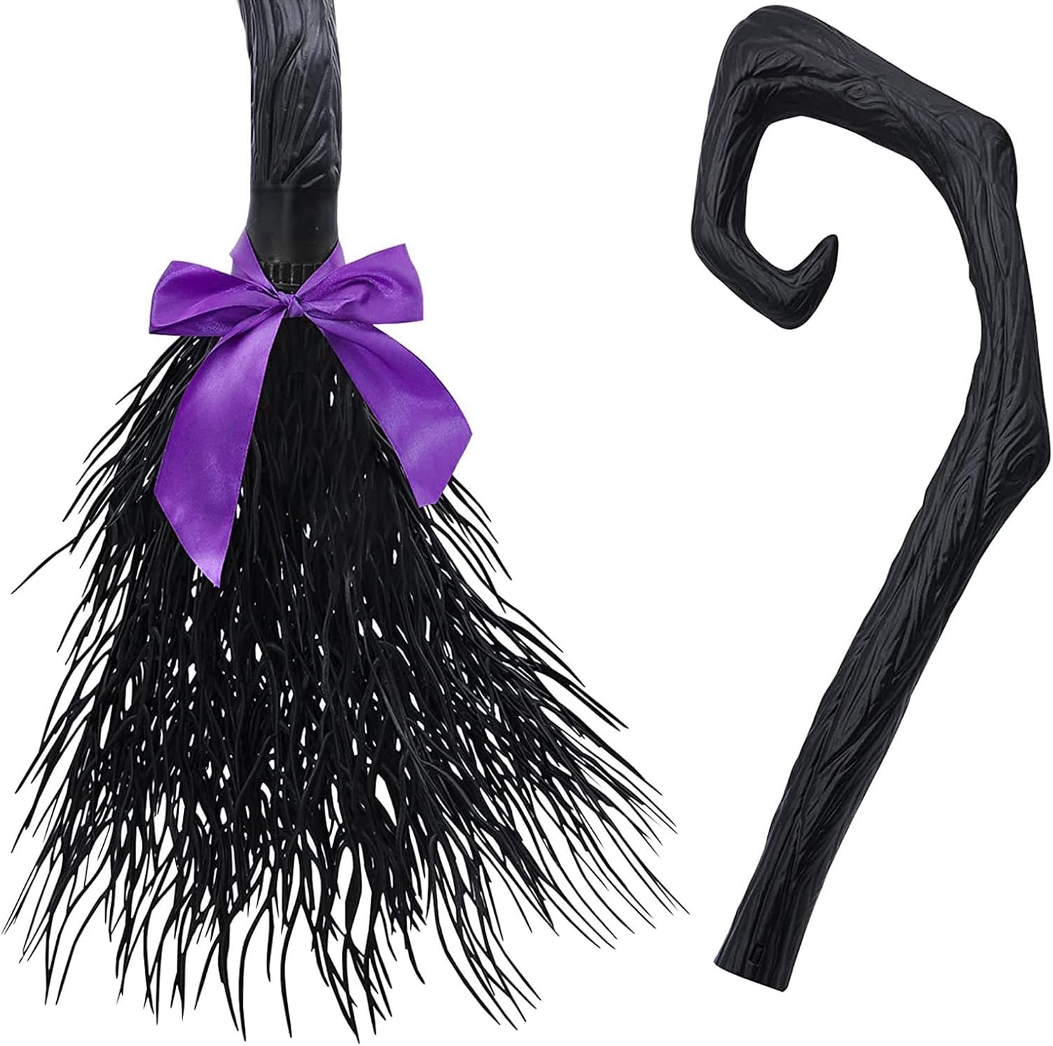 Escoba de bruja de Halloween para niños y adultos, escoba de bruja realista de paja para cosplay, escoba voladora de mago (negro, con 3 cintas de
