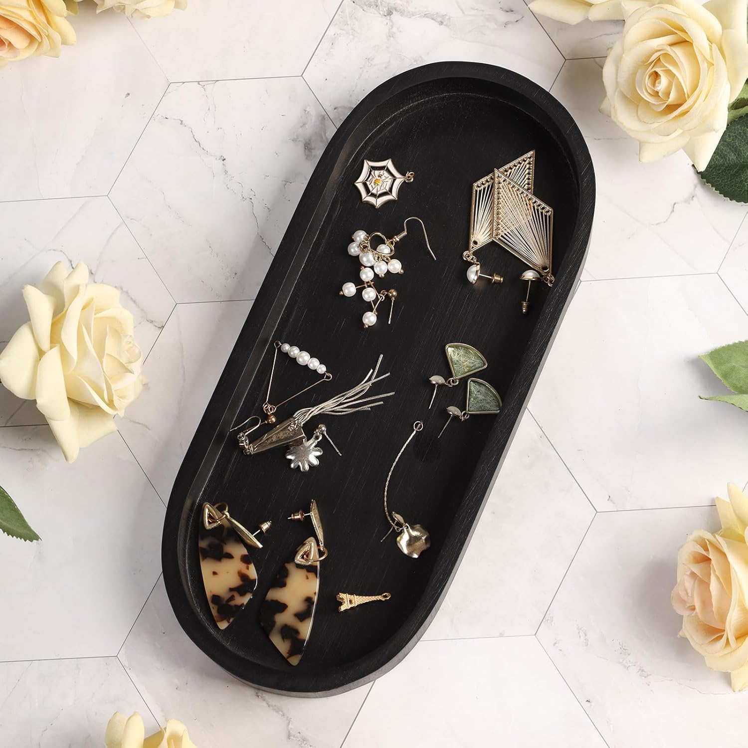 Bandeja ovalada de tocador de baño, pequeño organizador decorativo de bambú para encimera de cocina, tanque de inodoro y tocador, bandeja de velas y
