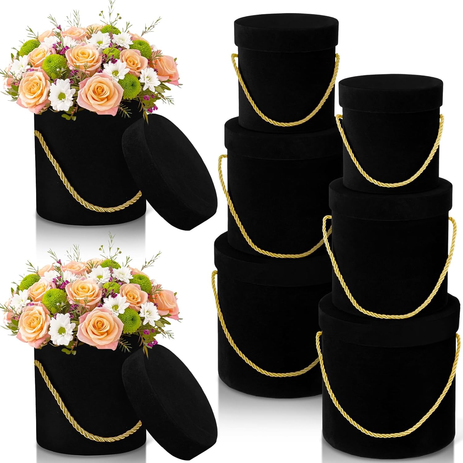 Uiifan 6 cajas redondas de terciopelo con tapas, caja de regalo de terciopelo para boda con asa para arreglos de regalo de flores de lujo, regalos