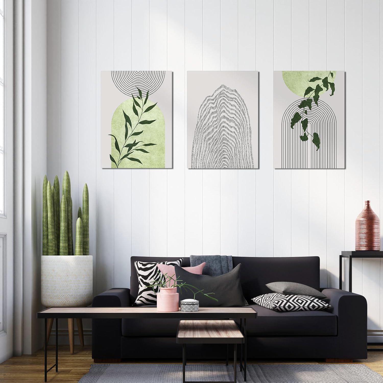 Juego de 3 lienzos de pared en lienzo verde salvia, arte de pared bohemio enmarcado de mediados de siglo, arte de pared moderno minimalista