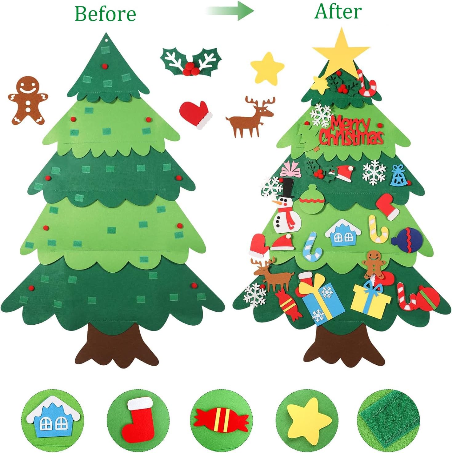 YIKSORE Árbol de Navidad de fieltro, árbol de Navidad Montessori para niños pequeños, juegos de árbol de Navidad artesanales para niños, calcomanías