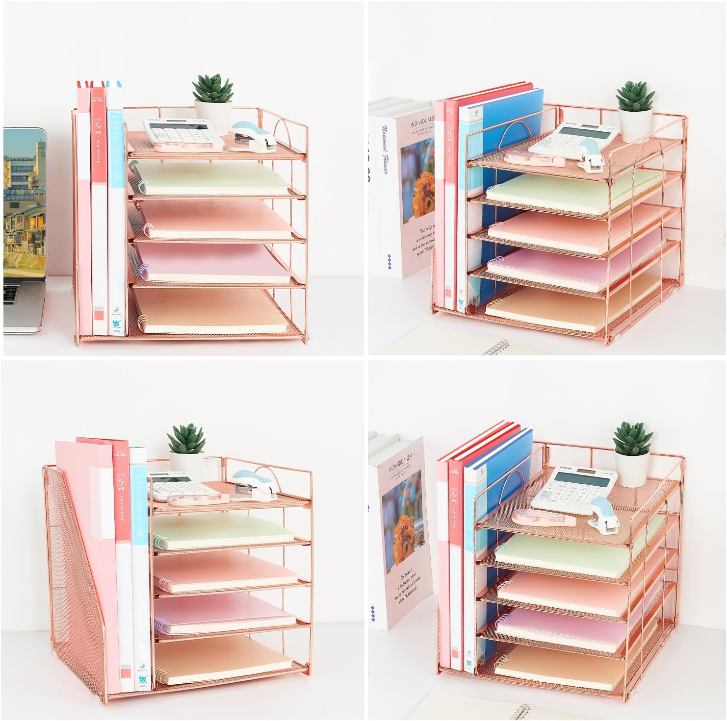 LEKETREE Organizadores de escritorio y accesorios, organizador de bandeja de papel de 5 niveles con soporte para archivos, suministros de oficina