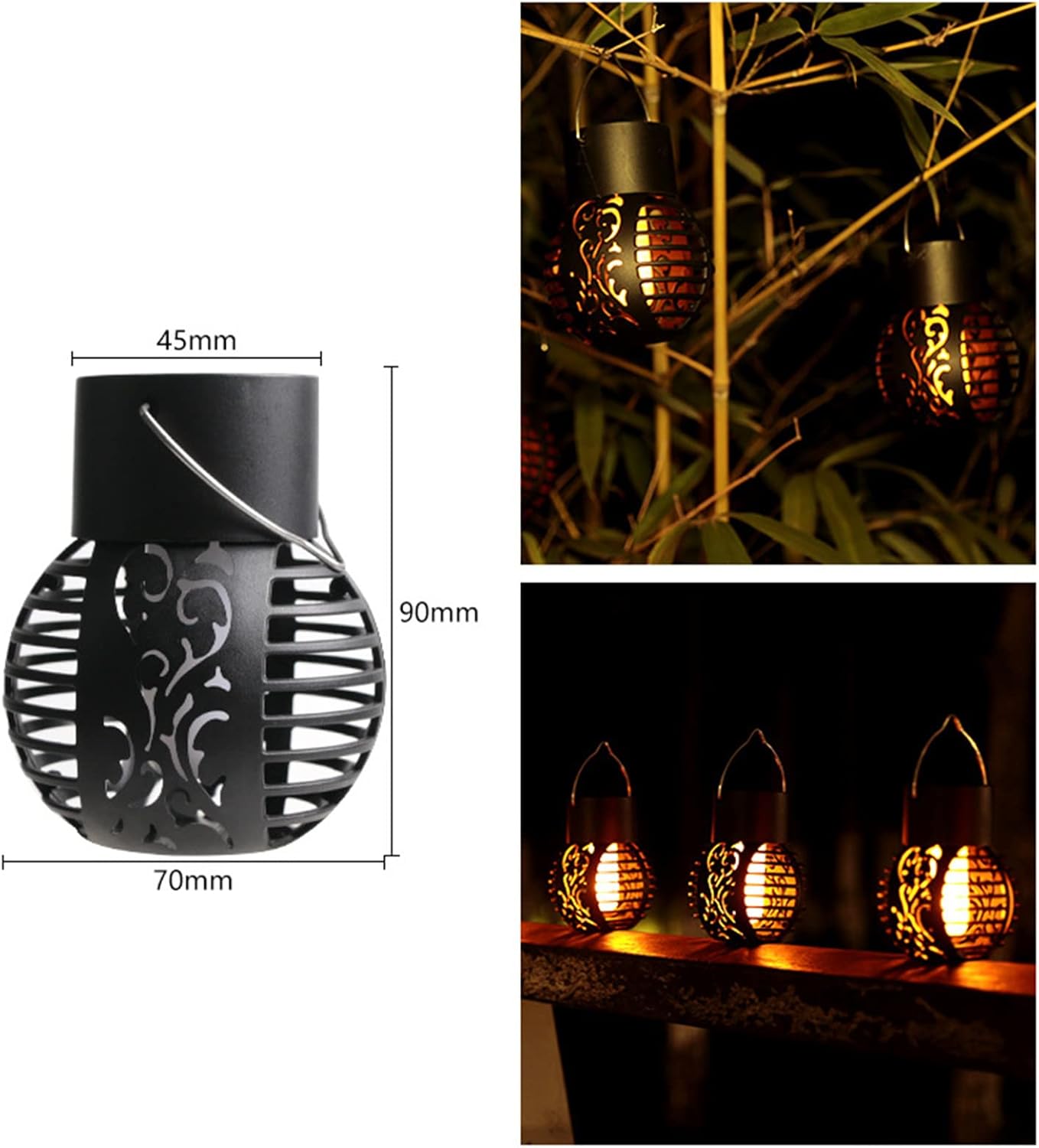 Luces solares para exteriores, lámpara de llama de simulación, luces decorativas colgantes LED redondas, paquete de 2 luces solares de jardín, luces