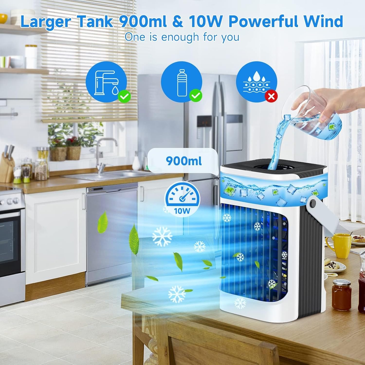 Aire acondicionado portátil, enfriador de aire evaporativo TIOKVIOP 10 W mejorado y 3 niebla fría 3 en 1, 3 velocidades de viento y 7 luces LED, 3