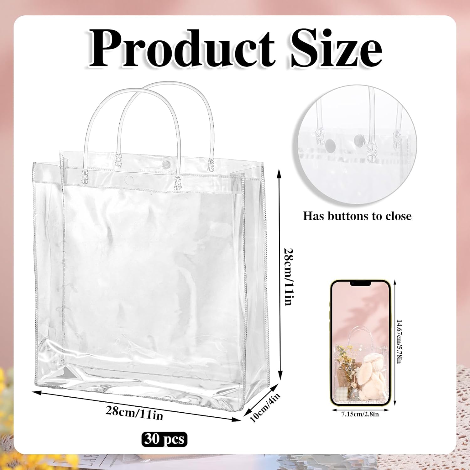 BESARME Paquete de 30 bolsas de regalo transparentes de 11 x 11 x 4 pulgadas con asa, bolsas de plástico grandes para regalo, bolsas transparentes