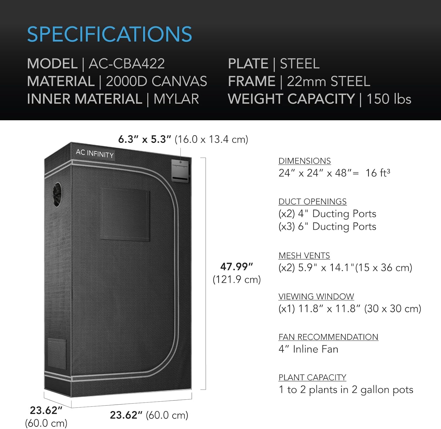 AC Infinity CLOUDLAB 422 Advance – Tienda de campaña de cultivo de 24 x 24 x 48 pulgadas, postes de 1 pulgada de grosor, lona Mylar de diamante