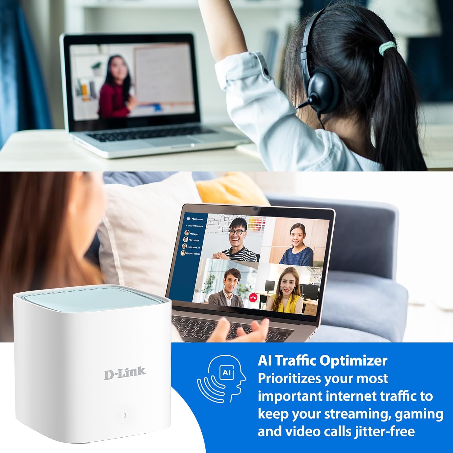 D-Link Sistema Mesh WiFi 6, AX1500 Ai Series 802.11AX Smart Home Dual Band Gigabit Gaming Red de Internet inalámbrica (M15) Blanco