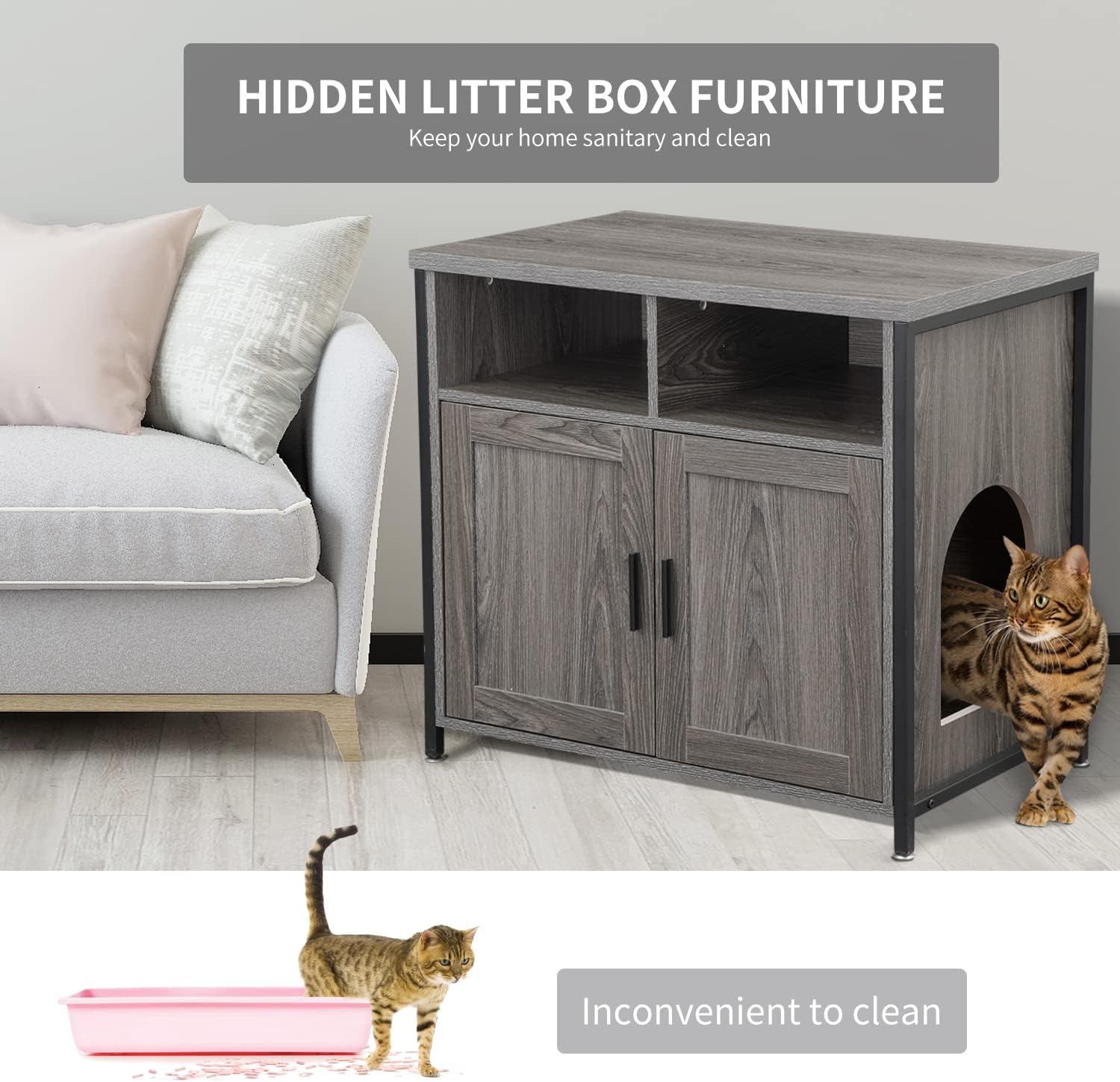 Muebles de caja de arena para gatos, banco de almacenamiento de arena oculto para gatos con estructura de madera resistente y puerta doble,