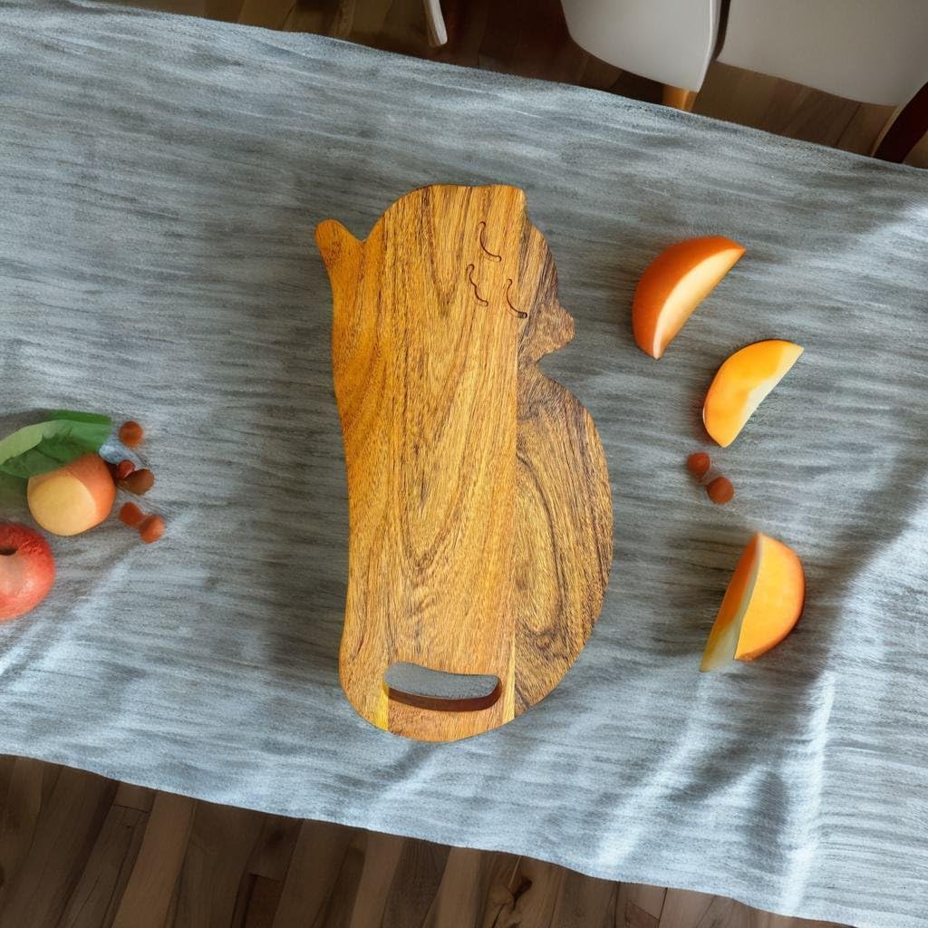 Divertida tabla de cortar de madera con forma de gato para cocina con asa, 8 pulgadas de largo x 15.25 pulgadas de ancho, tabla de servir de