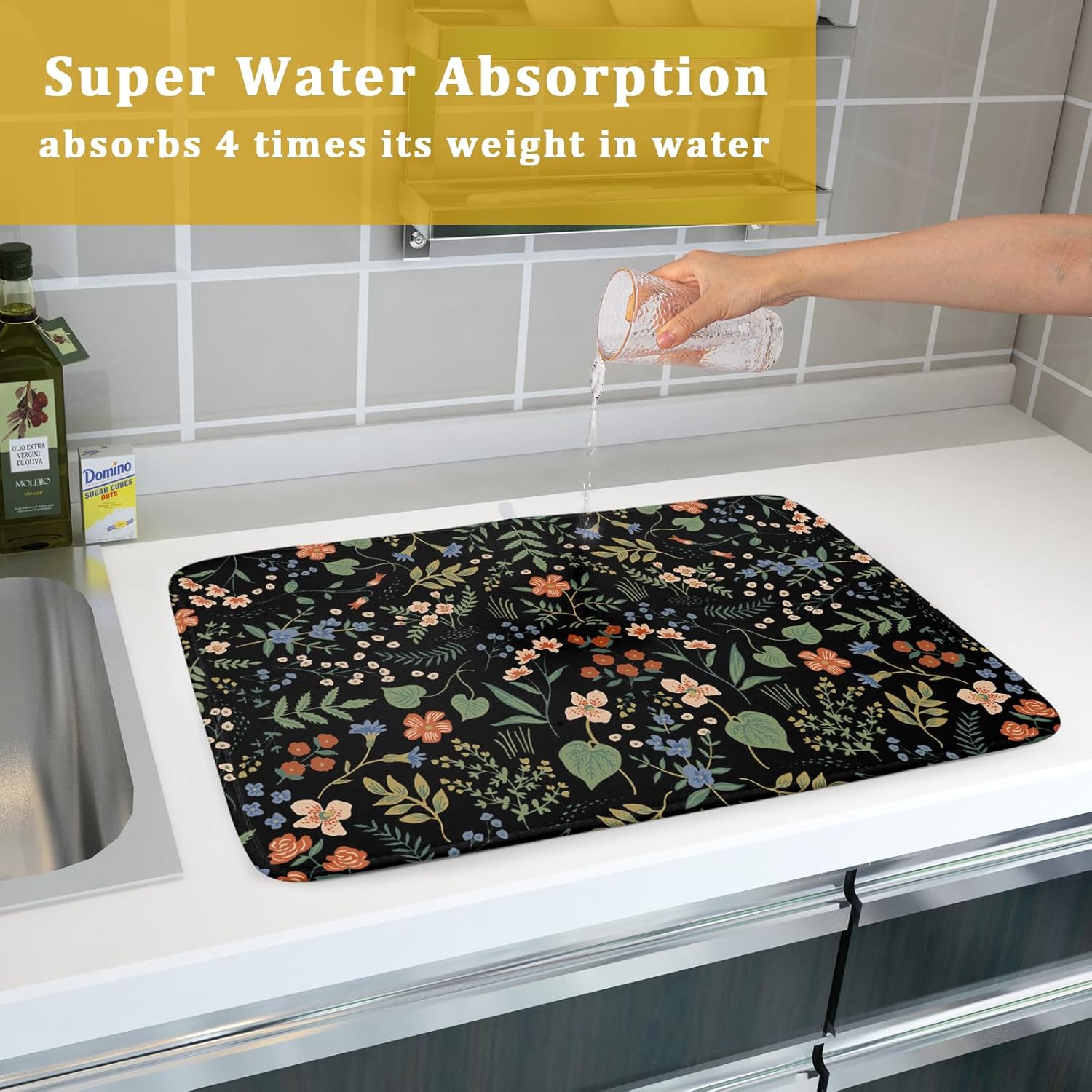 Tapete de secado de platos de flores negras para encimera de cocina, 18 x 24 pulgadas, almohadilla de secado de microfibra reversible absorbente,