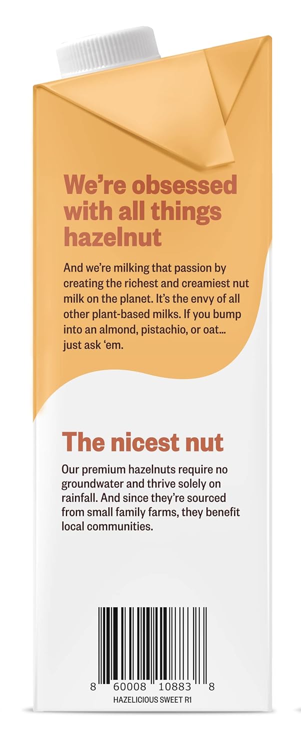 Hazelicious Leche de avellana ligeramente endulzada, vegana, sin OMG, sin lácteos y a base de plantas, espuma perfectamente y apta para baristas,