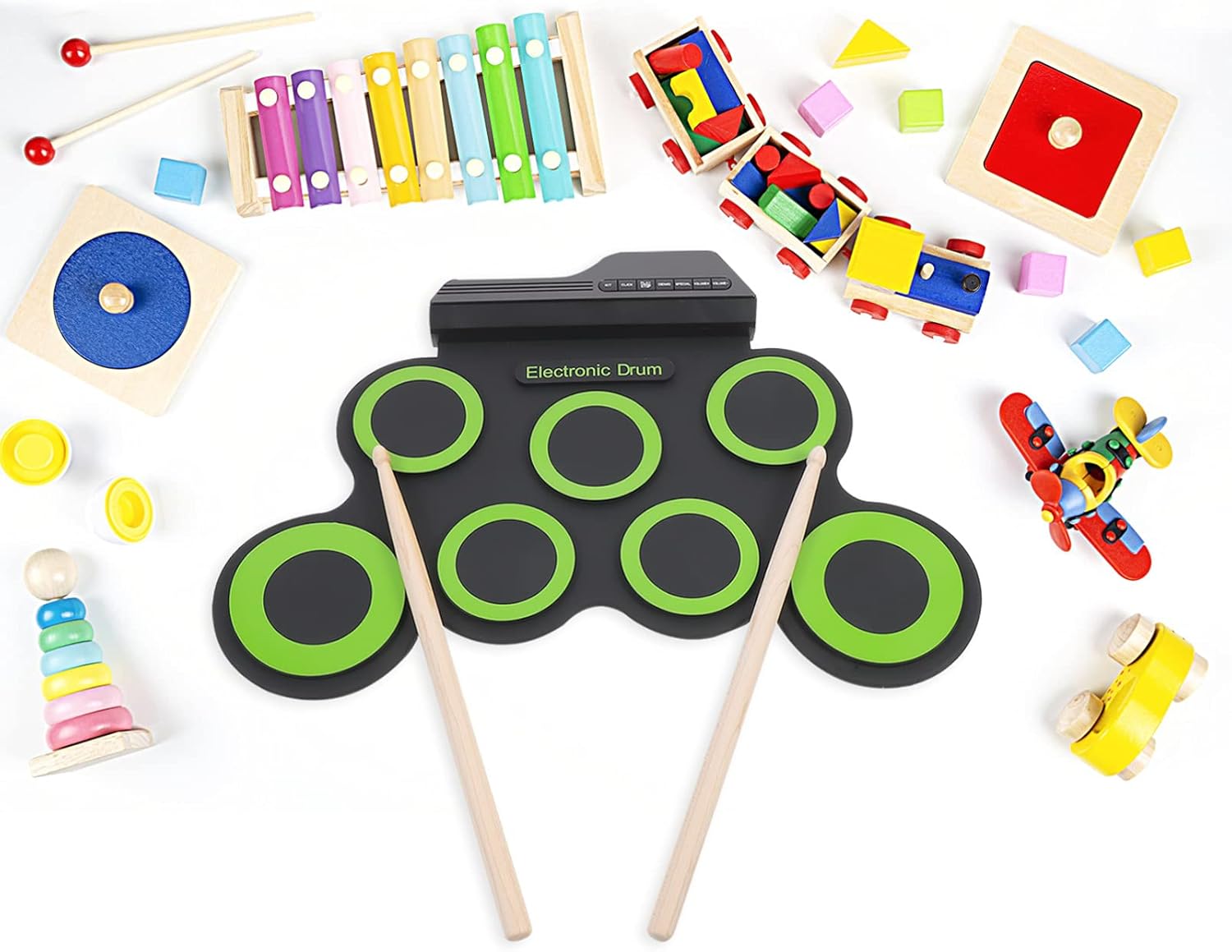 Generic Juego de batería electrónica portátil, almohadilla de práctica enrollable midi, kit de batería con pedales de pie de gato, 10 horas de