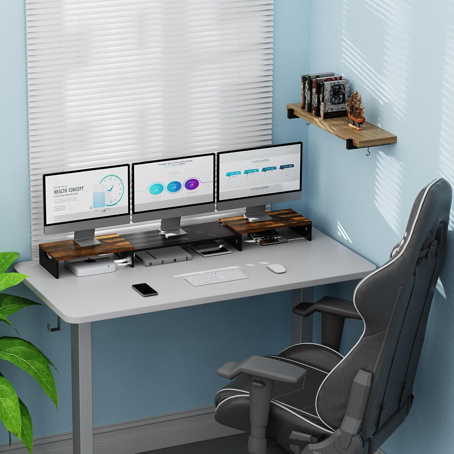 Elevador de monitor triple, elevador de monitor extra largo para 1  2  3 monitores, soporte de monitor doble con longitud y ángulo ajustable,