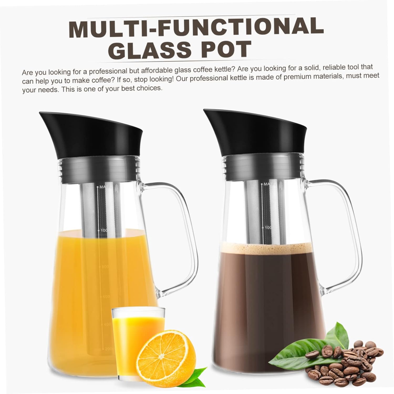 KICHOUSE Jarra de filtro de hojas sueltas, cafetera de café en frío, cafetera de café expreso, infusor de té helado, vidrio para verter la tetera de