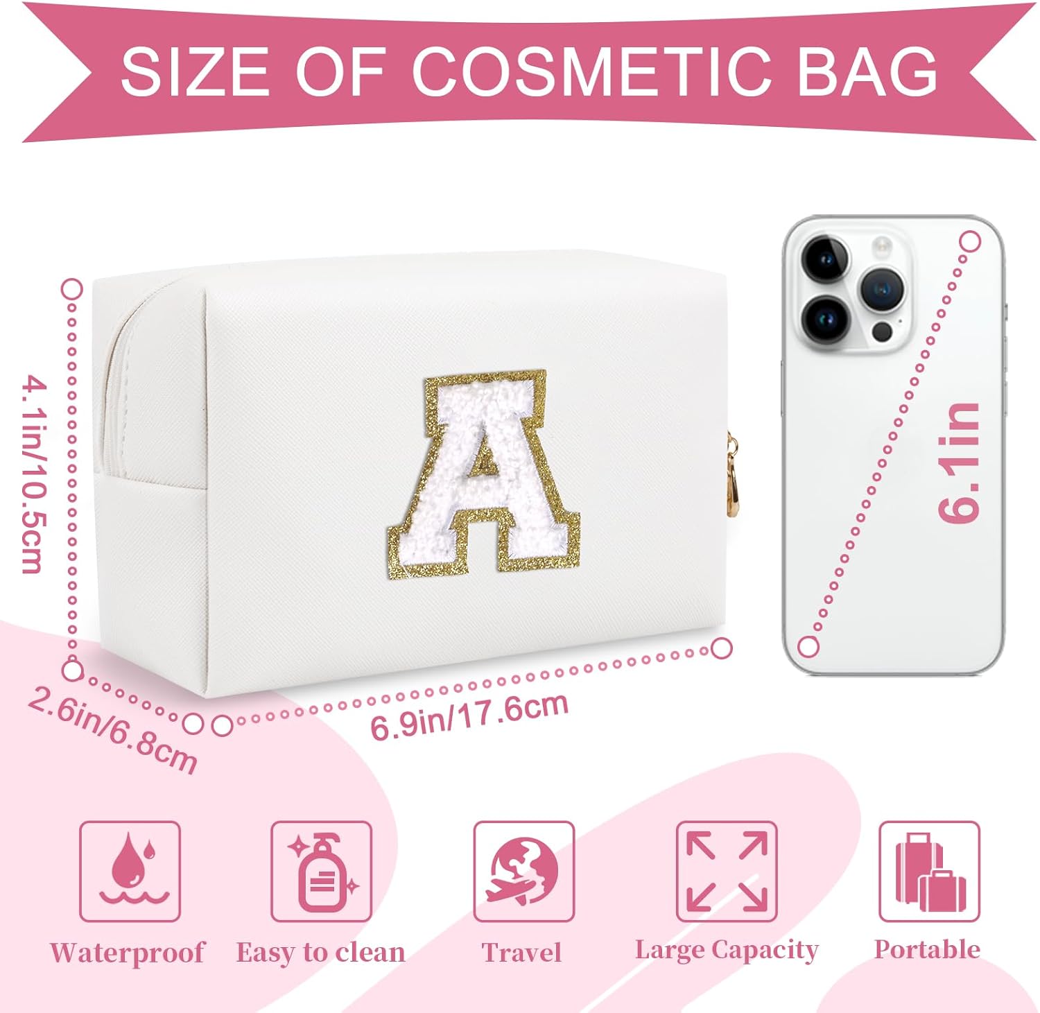 Bolsa de maquillaje personalizada con inicial A-Z, pequeña bolsa de cosméticos de viaje de piel sintética con cremallera, bonita bolsa de aseo