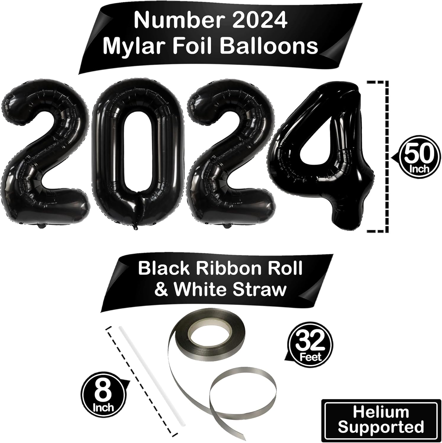 KatchOn, Globos negros de graduación 2024, grandes, 50 pulgadas, números de globos negros 2024 para decoraciones de graduación negras, globos de