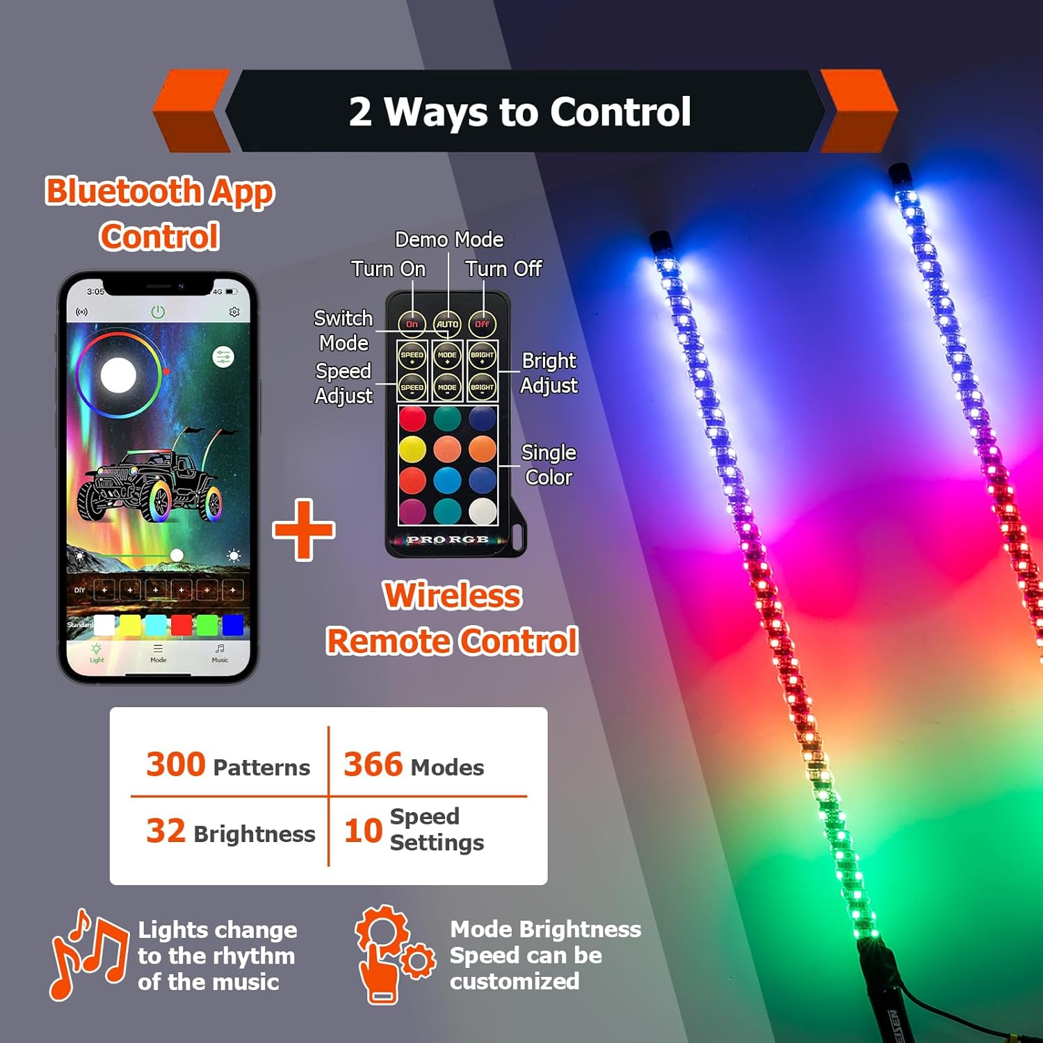 WeiSen 2 luces LED RGB de 4 pies con aplicación Bluetooth, base de resorte de 360 en espiral RGB persecución todoterreno antena iluminada látigos