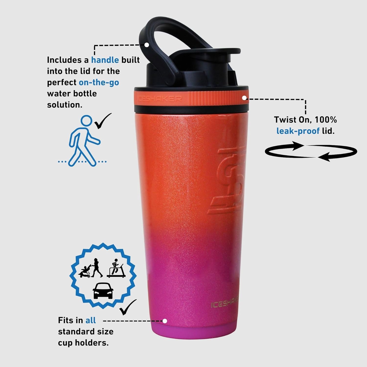 Ice Shaker Botella agitadora de 26 onzas, botella de agua de acero inoxidable y mezclador de proteínas, como se vio en Shark Tank, botella de agua