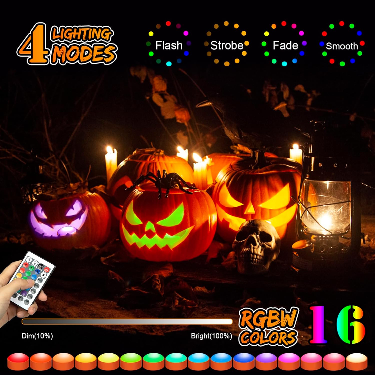 LUNSY Faroles LED de calabaza sin llama, funcionan con pilas, con control remoto y temporizador, luces RGB regulables que cambian de color para