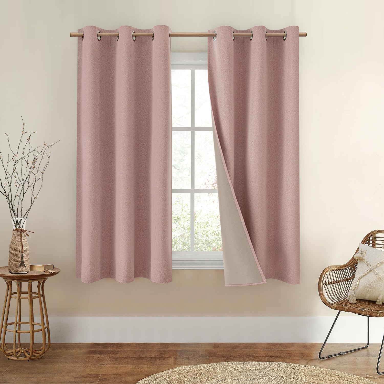 HOMEIDEAS Cortinas 100% opacas de 42 x 63 pulgadas de largo, 2 paneles de cortinas de lino sintético, cortinas de oscurecimiento de habitación,