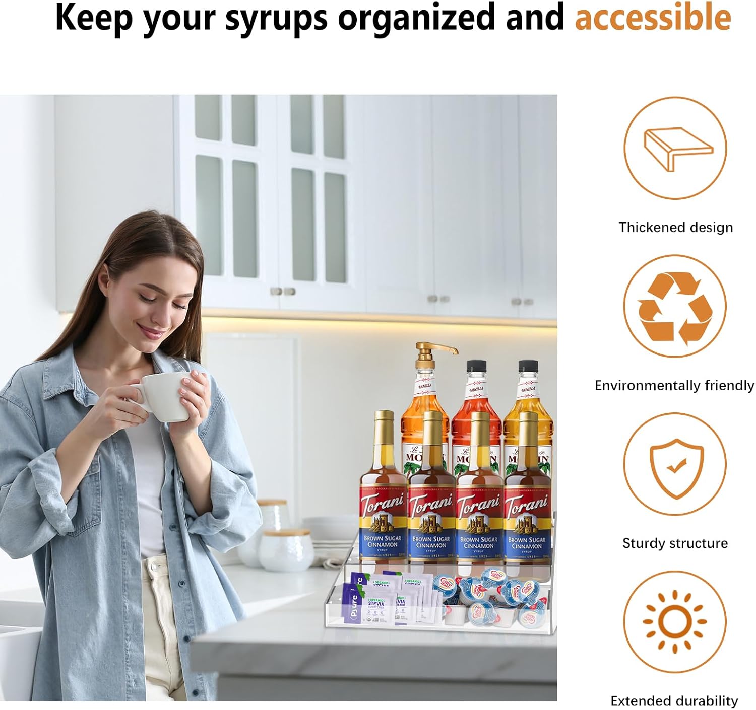 Organizador acrílico para jarabe de café, 3 niveles para 12 botellas, soporte para jarabe de café, accesorios de barra de café y organizador para