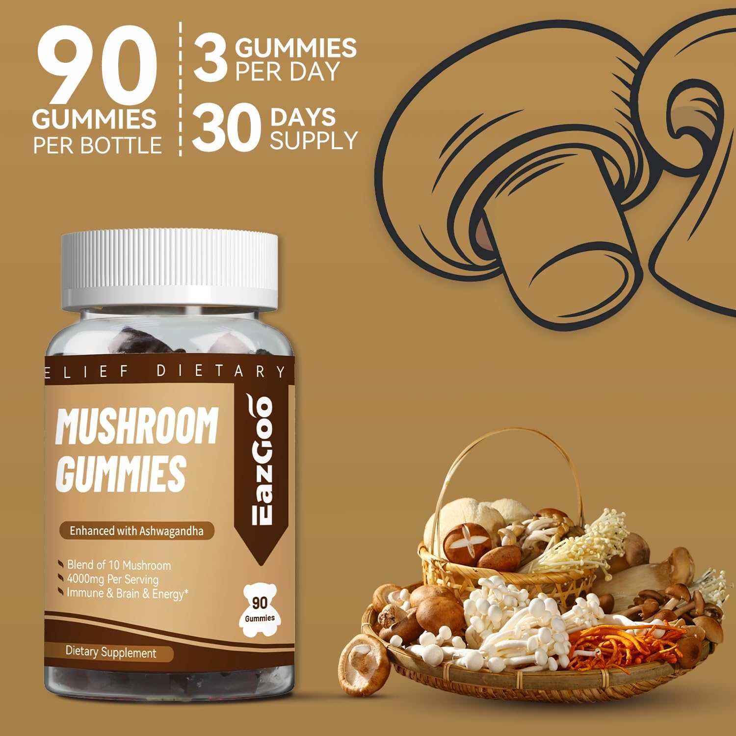 EAZGOO Suplemento de gomitas de hongos, con Ashwagandha, melena de león, hongos Shitake, cola de pavo, chaga y hongo Cordyceps para la salud