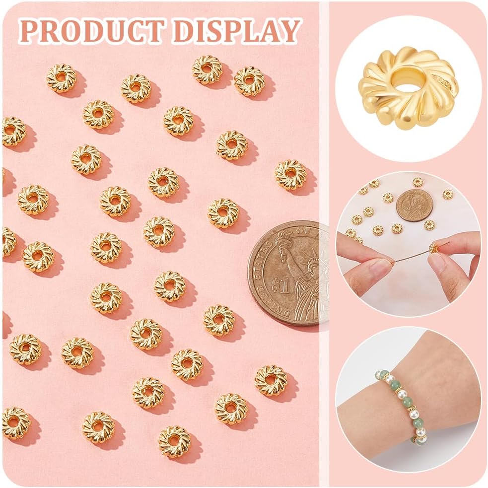 BENECREAT 100 cuentas espaciadoras chapadas en oro real de 18 quilates, cuentas espaciadoras sueltas doradas de 0.315 pulgadas para pulseras,