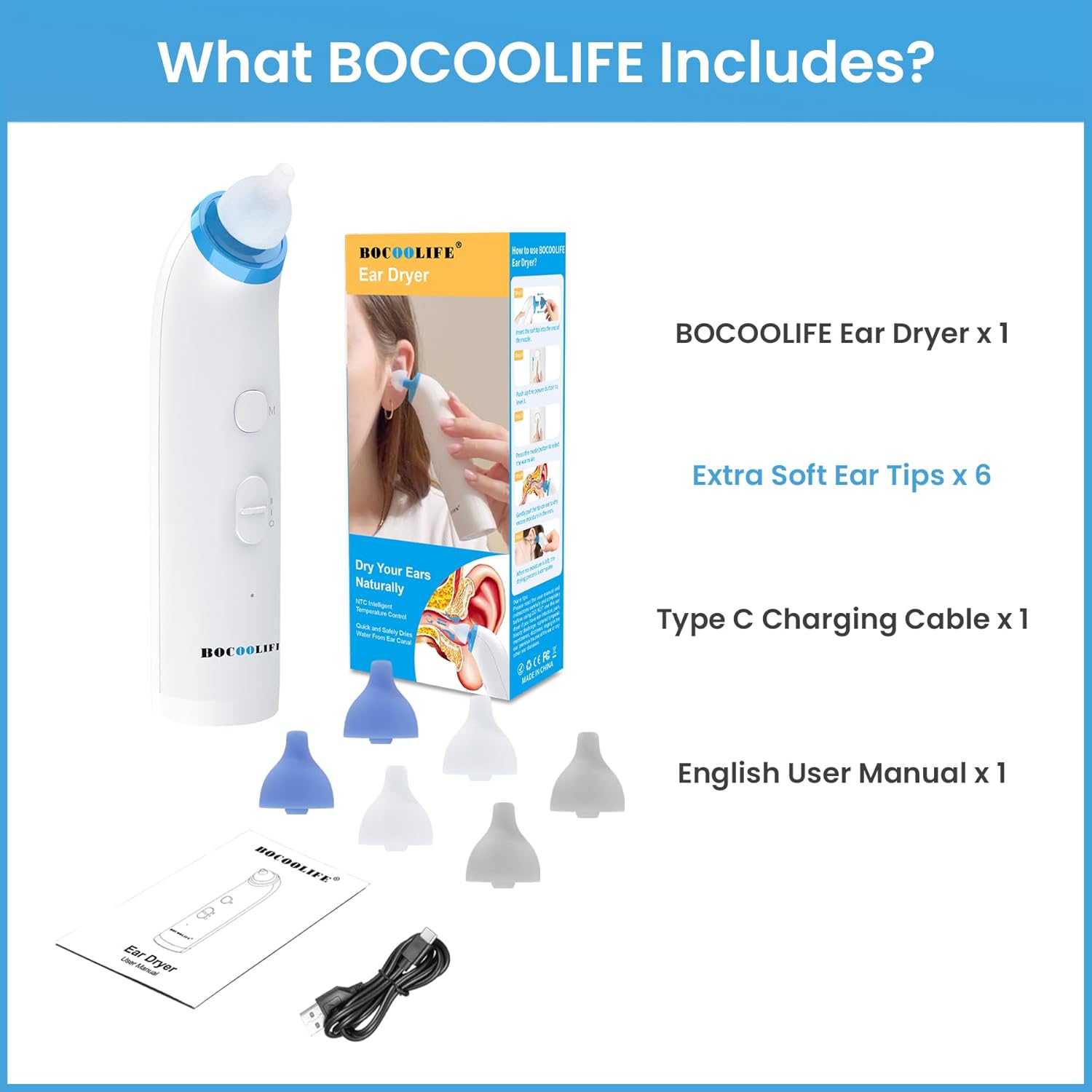 BOCOOLIFE Secador de oídos con 7 puntas para los oídos, dispositivo de secado de agua para la humedad de los oídos, removedor electrónico de agua de
