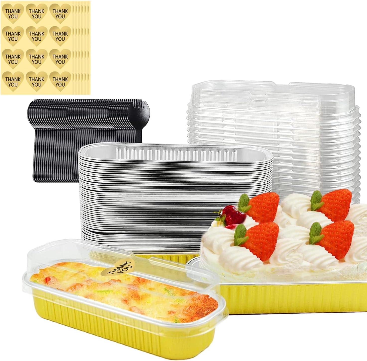 Paquete de 50 moldes para hornear de papel de aluminio de 6.8 onzas con tapas y cucharas, prácticos recipientes rectangulares con calcomanías, tazas