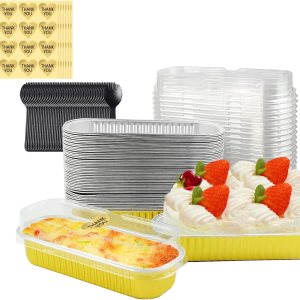 Paquete de 50 moldes para hornear de papel de aluminio de 6.8 onzas con tapas y cucharas, prácticos recipientes rectangulares con calcomanías, tazas Paquete de 50 moldes para hornear de papel de aluminio de 6.8 onzas con tapas y cucharas, prácticos recipientes rectangulares con calcomanías, tazas