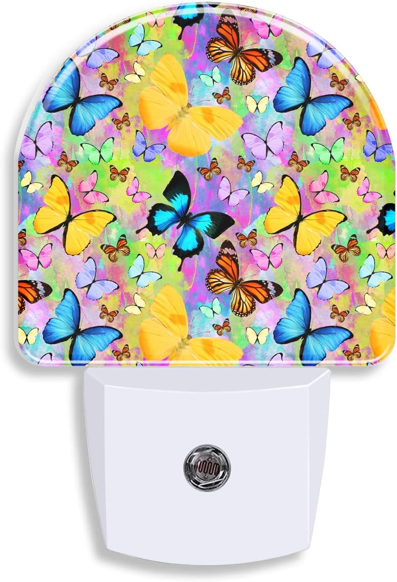 Luces nocturnas de mariposas de acuarela enchufables a la pared, mariposas tropicales de colores para niños y niñas, luz nocturna redonda con sensor