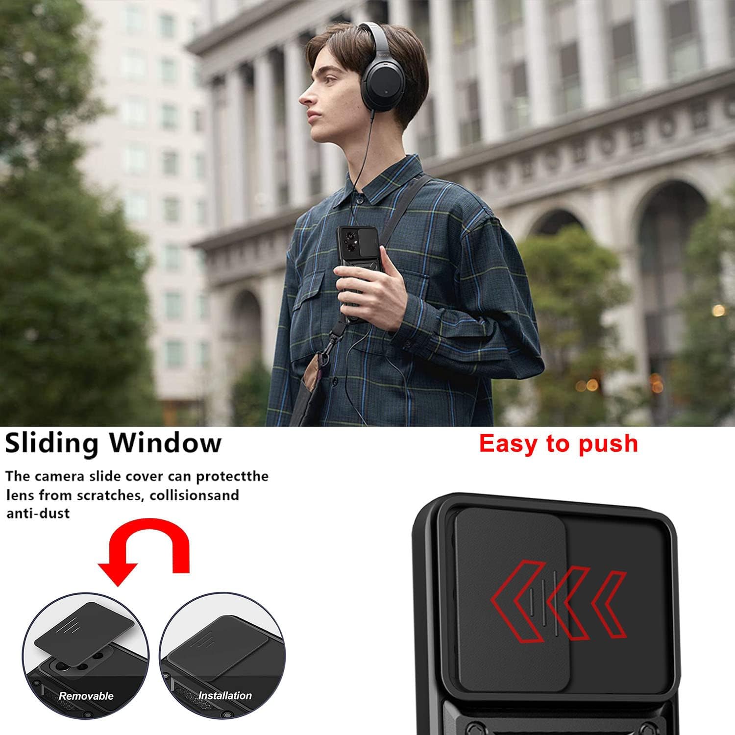 Ysnzaq Funda resistente a prueba de golpes de grado militar para Xiaomi Poco M5 6.58″, protección de lente de ventana deslizante con soporte