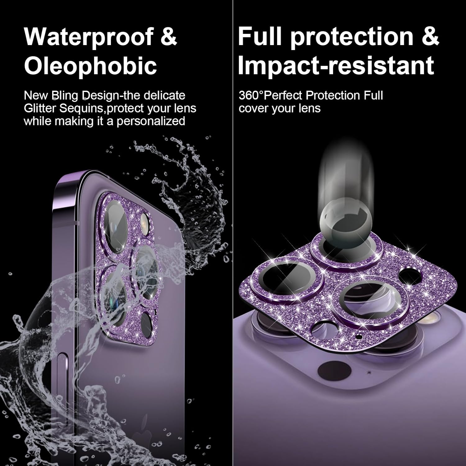 Protector de lente de cámara para iPhone 14 Pro14 Pro Max, cubierta de lente de diseño completo, anillo de metal con purpurina de vidrio templado de