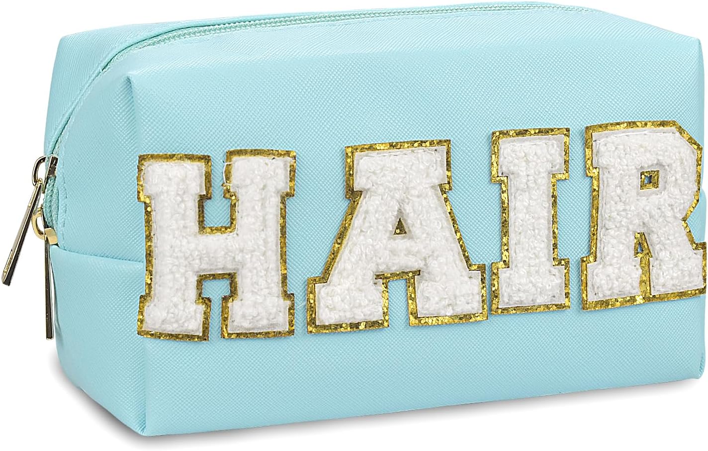 Bolsa de maquillaje de parche de piel sintética, portátil, impermeable, para cosméticos, uso diario, para mujeres y niñas, Pelo azul., Parche Preppy